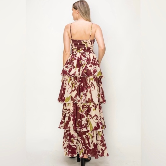 Multi-Floral Print Tiered Sleeveless Midi Dress